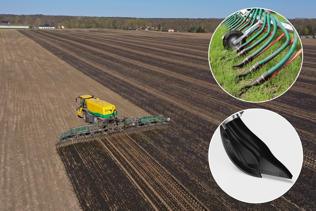 Spandiliquame semovente per la distribuzione del refluo a strisce in copertura. A lato dettaglio strisciatori e pattino